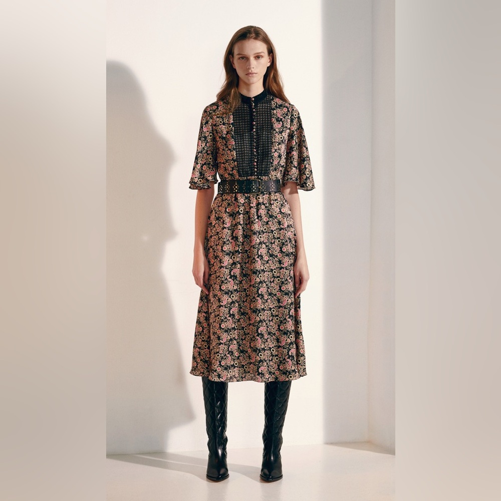 Sandro Black and Pink Floral Midi Dress